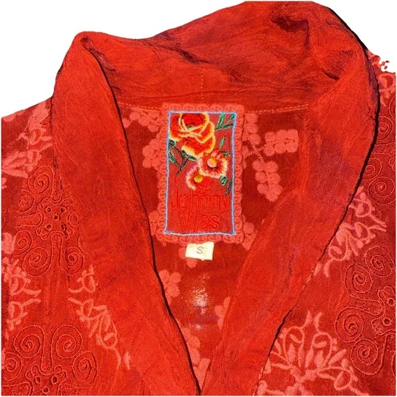 Johnny Was embroidered wrap cardigan jacket Kimono Asymmetrical Top Small Maroon